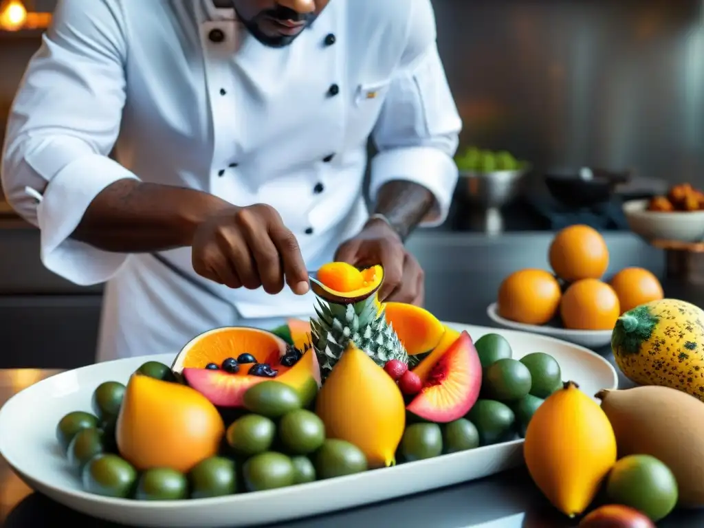 Un chef experto prepara con maestría una exótica fuente de frutas africanas en alta cocina, destacando colores vibrantes y sabores únicos