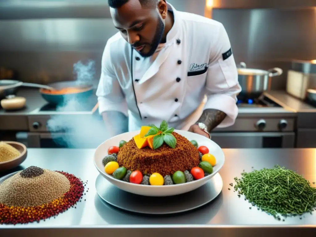 Chef experto preparando plato fusionado con sabores ancestrales cocina africana contemporánea