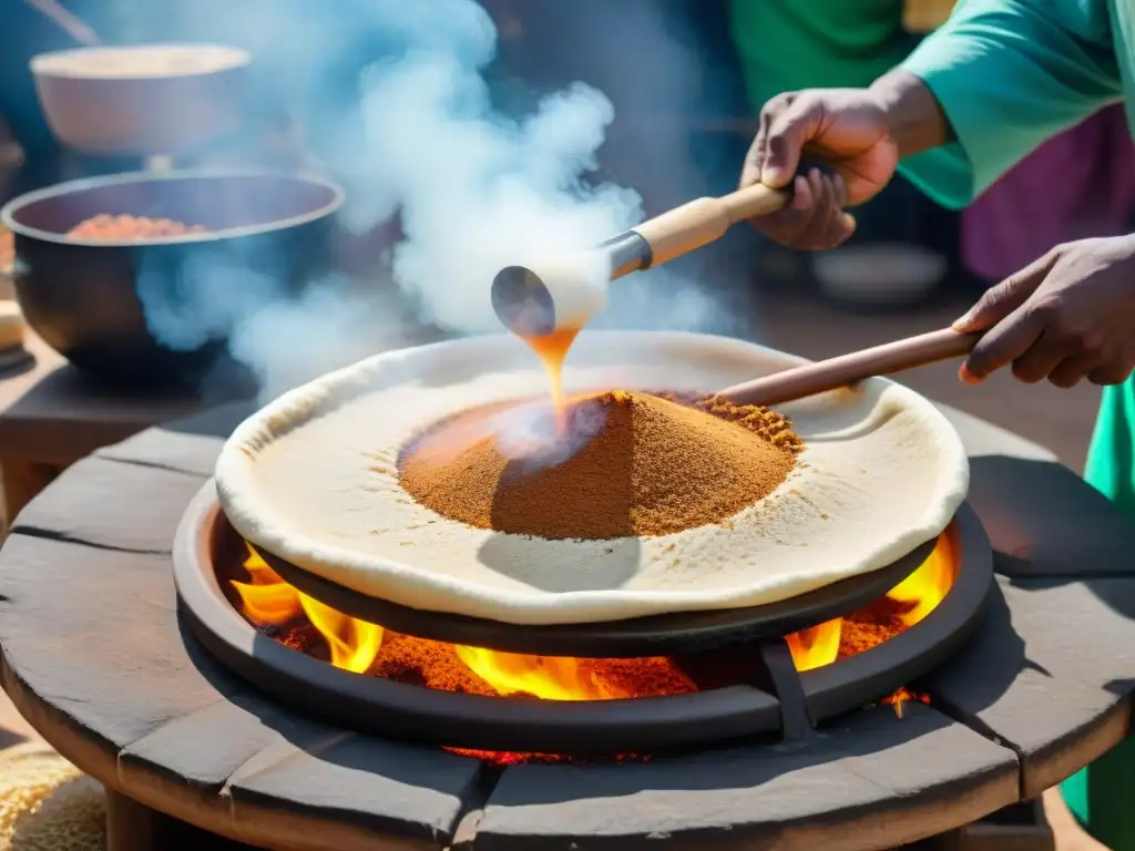 Un chef etíope prepara injera en una parrilla al aire libre