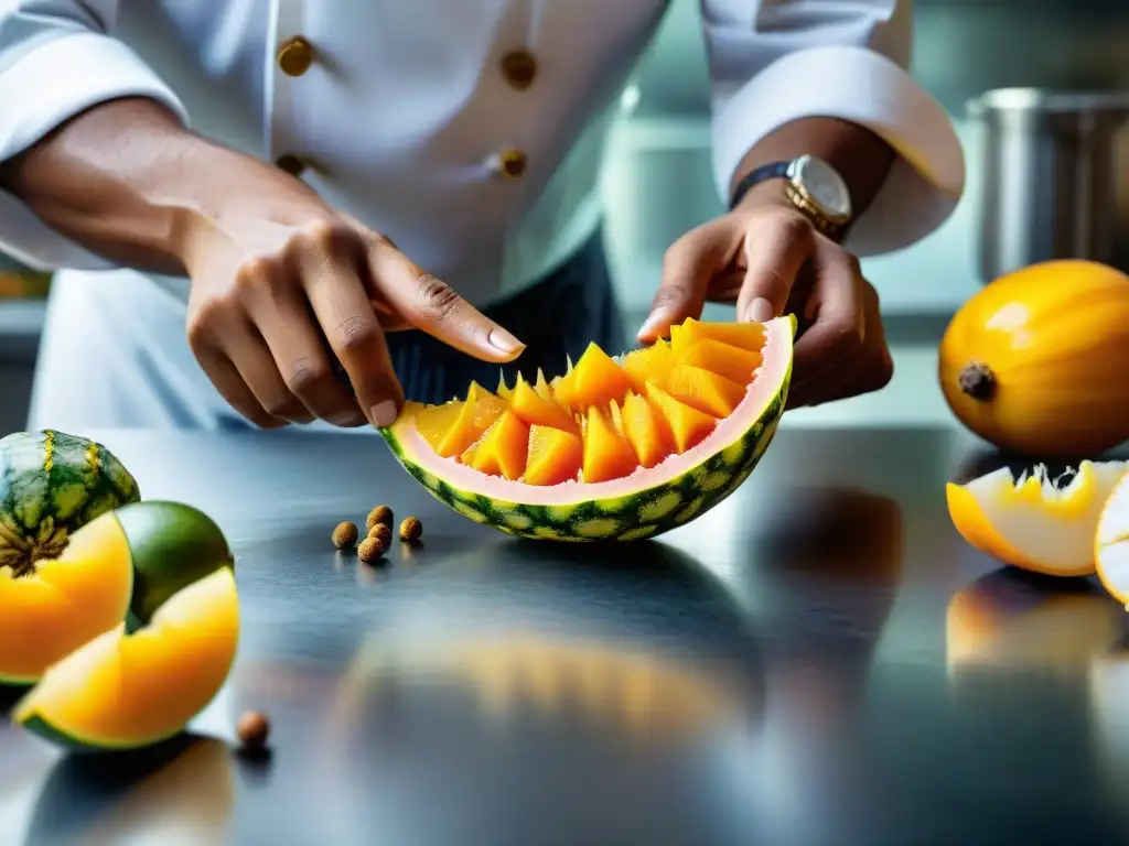 Un chef mundialmente reconocido cortando con destreza una exótica fruta africana amarilla, en una cocina profesional