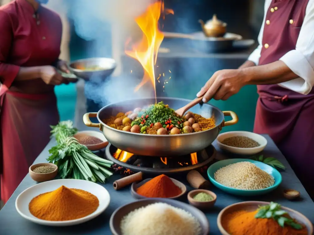 Un chef saheliano experto preparando un plato tradicional en un ambiente vibrante con especias y ingredientes frescos