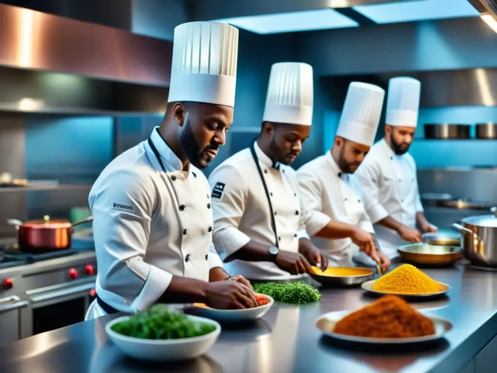 Chefs africanos en cocina moderna, creando fusiones culinarias innovadoras