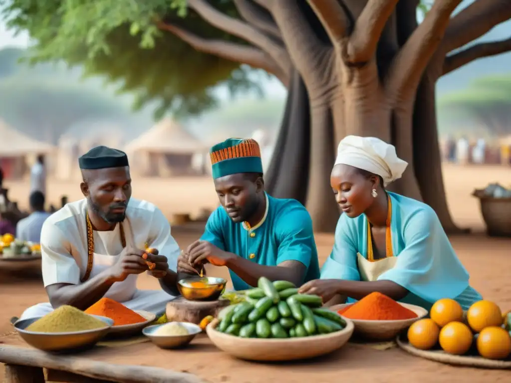 Chefs africanos preparando platos bajo un baobab, con ingredientes frescos y pueblo al fondo