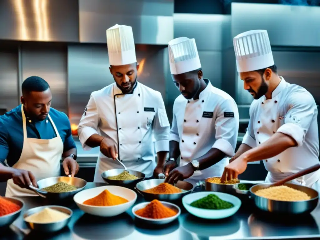 Chefs africanos preparando platos tradicionales en cocina moderna