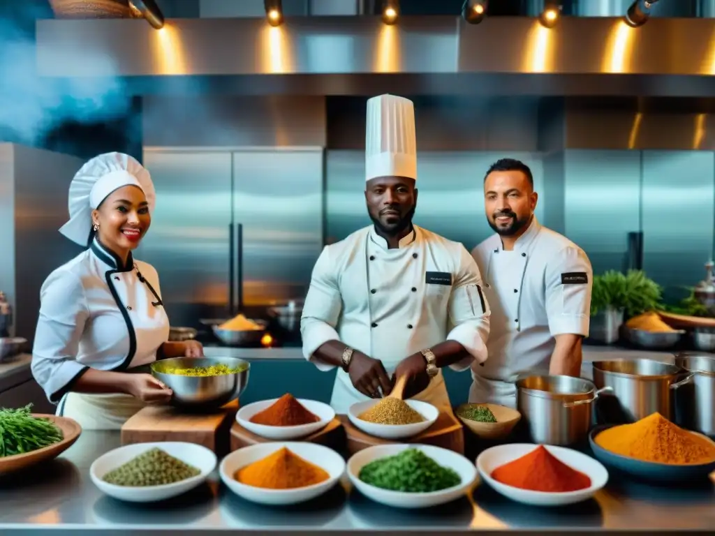 Chefs africanos preparando platos tradicionales con un toque moderno en una cocina vibrante