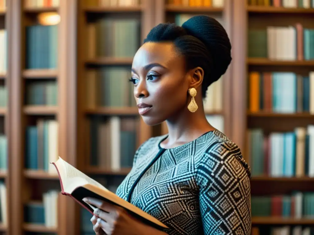 Chimamanda Ngozi Adichie inmersa en pensamientos, rodeada de libros africanos