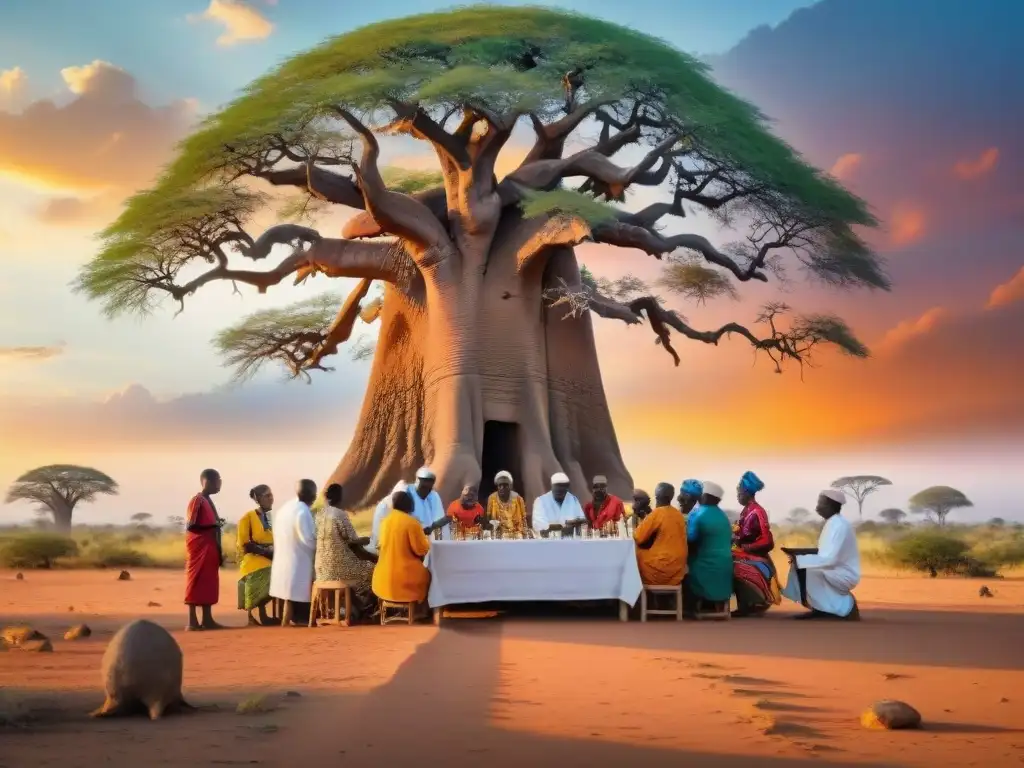 Un científico recolecta muestras de ADN en una ceremonia africana bajo un Baobab, conectando ancestros y modernidad