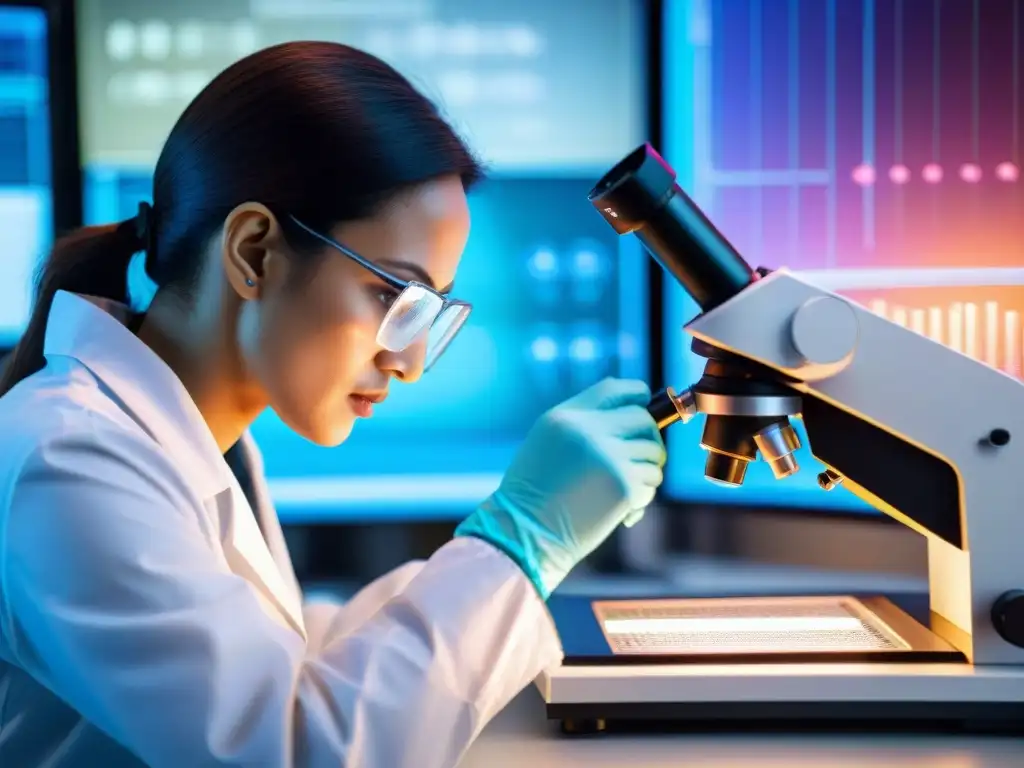 Genetista analizando muestras de ADN con precisión Un científico analiza muestras de ADN bajo un microscopio en un laboratorio de última generación