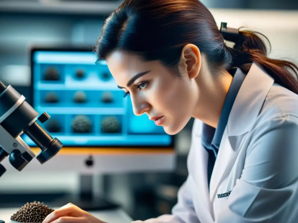 Un científico estudia con determinación semillas de Nigella bajo microscopio, revelando beneficios inmunológicos