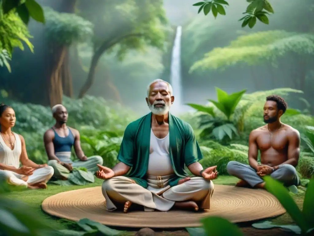 Un círculo de meditación al aire libre con influencia africana en mindfulness, rodeado de naturaleza exuberante y serenidad