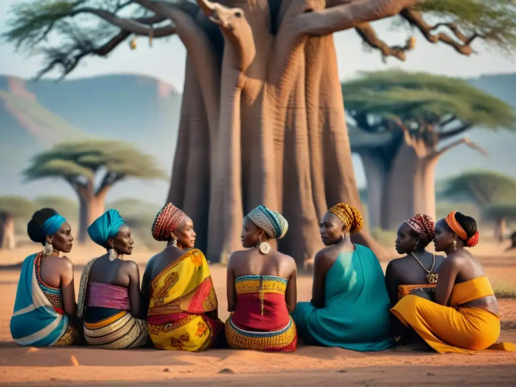 Un círculo de ancianas africanas bajo un baobab, vistiendo atuendos tradicionales y joyas