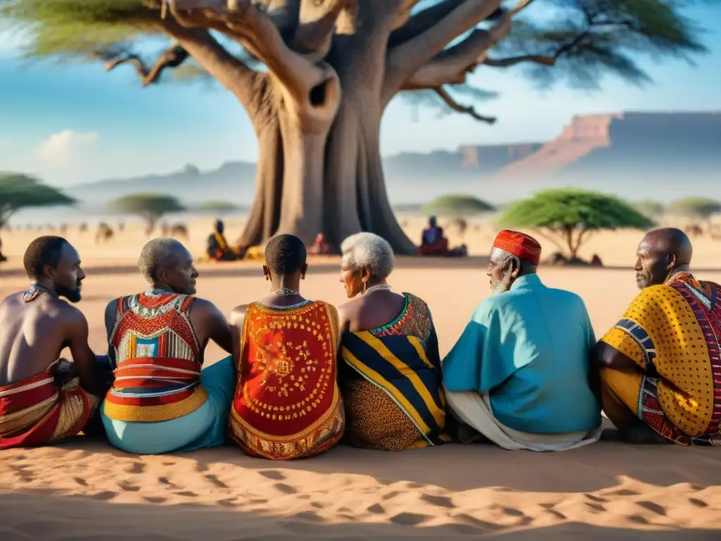 Un círculo de ancianos africanos debatiendo bajo un árbol, con atuendos tradicionales y expresiones serias