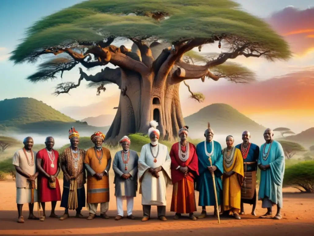 Un círculo de ancianos africanos, ataviados con trajes tradicionales, bajo un árbol antiguo