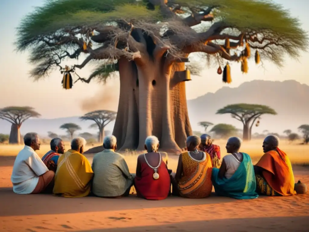 Un círculo de ancianos africanos bajo un baobab, con tabúes y prohibiciones en espiritualidad africana