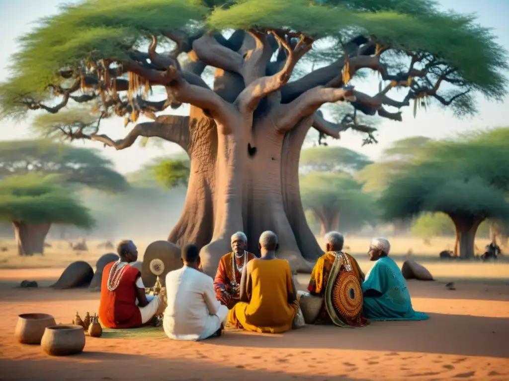 Un círculo de ancianos africanos bajo un baobab en ceremonia de sanación ancestral