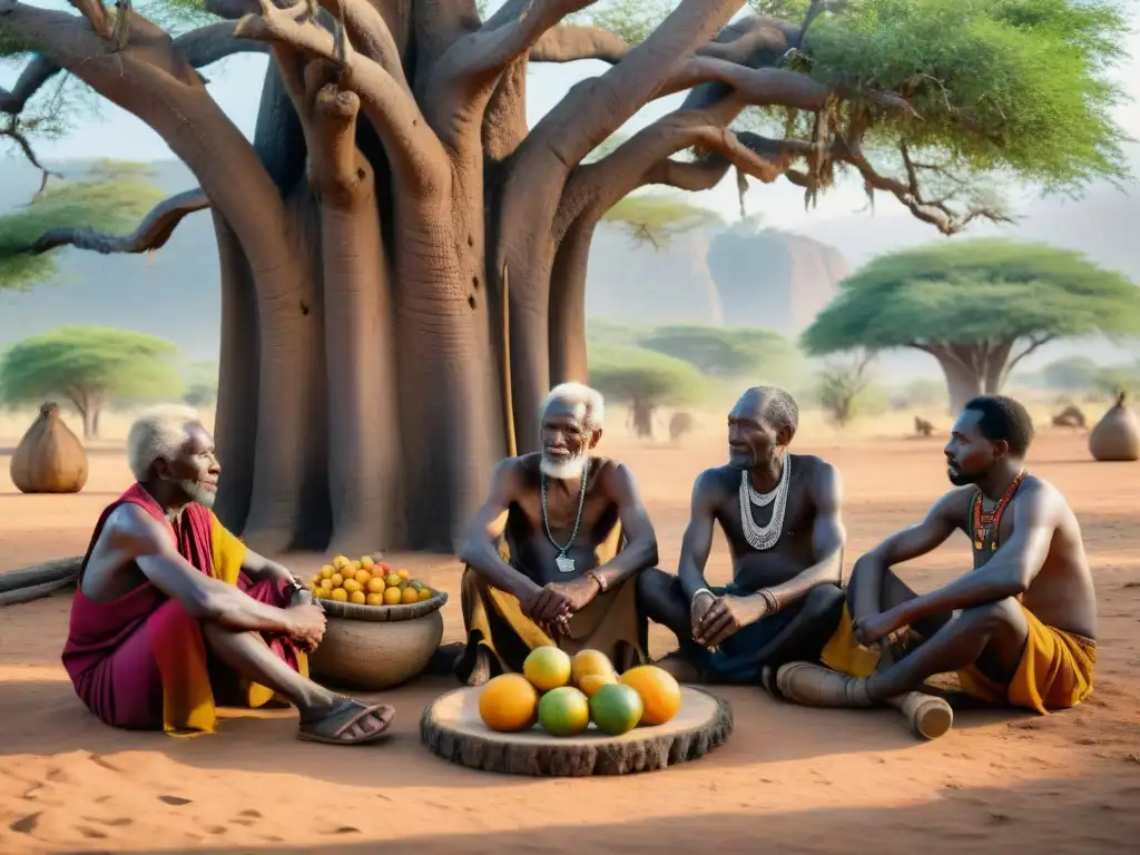 Un círculo de ancianos africanos bajo un baobab, transmitiendo sabiduría sobre 'Alimentación holística en civilizaciones africanas'