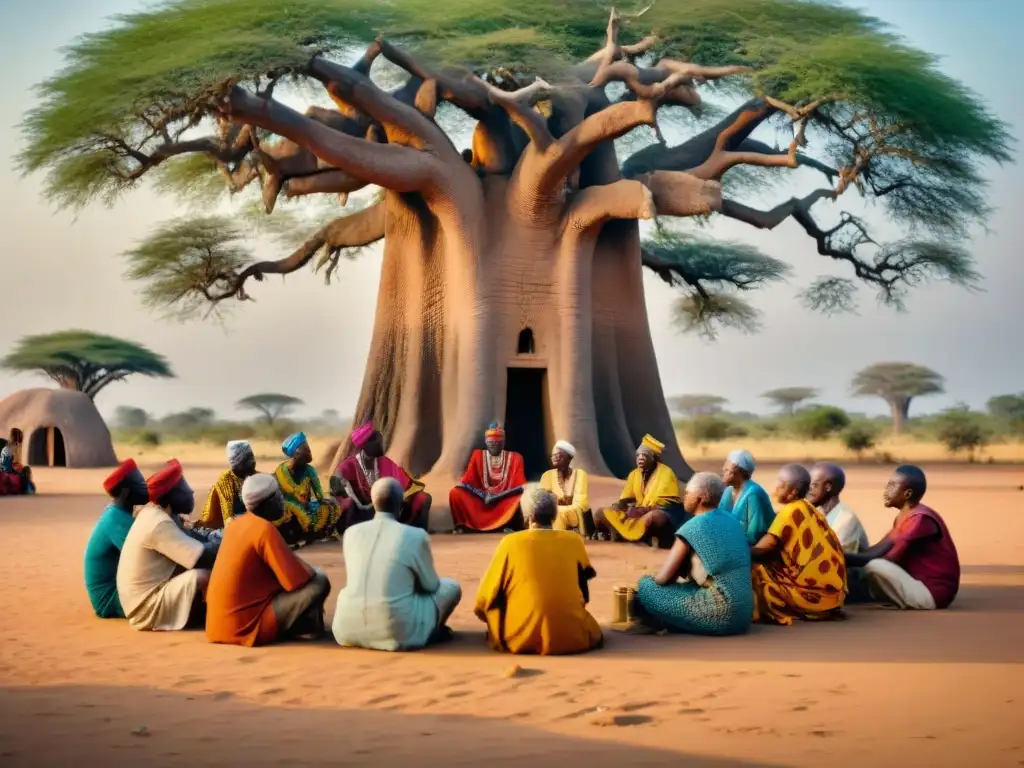 Un círculo de ancianos africanos bajo un baobab, discutiendo sabiamente