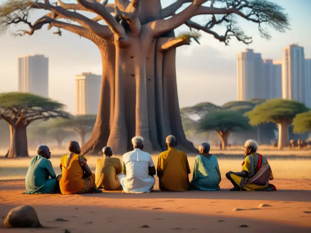 Un círculo de ancianos africanos bajo un baobab, discutiendo entre tradición y modernidad al atardecer