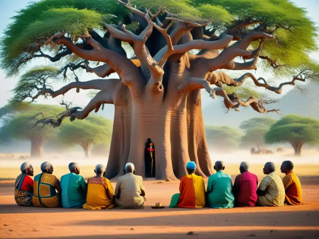 Un círculo de ancianos africanos bajo un Baobab, discutiendo sobre espiritualidad