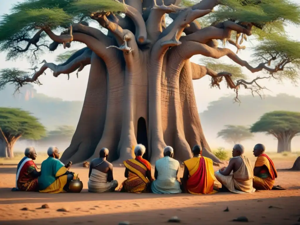 Un círculo de ancianos africanos bajo un baobab, practicando ceremonia espiritual