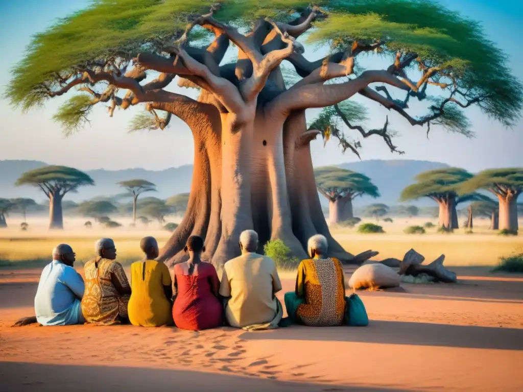 Un círculo de ancianos africanos bajo un baobab, escuchando atentamente