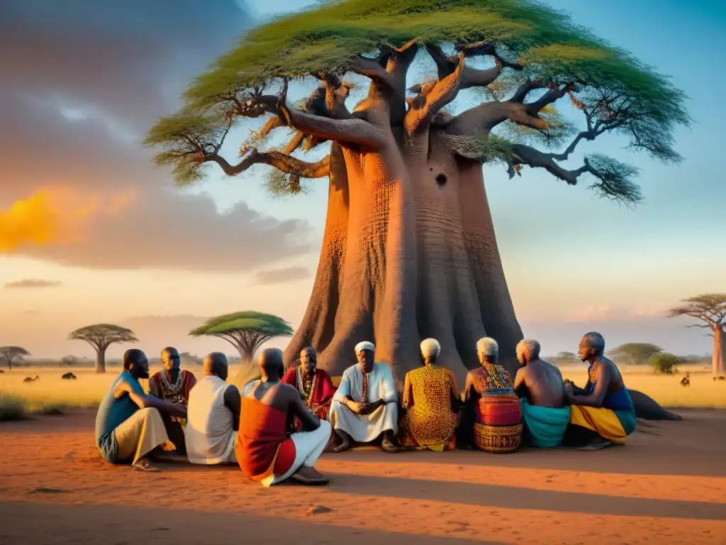 Un círculo de ancianos africanos bajo un baobab, reflejando sabiduría y tradición