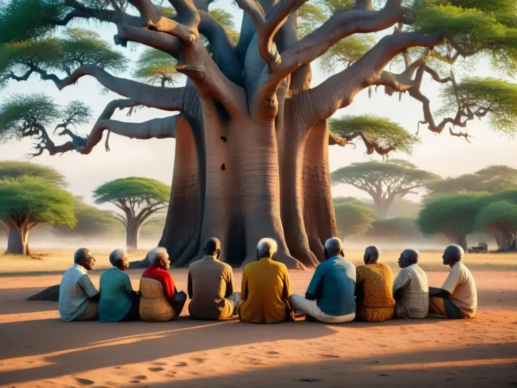 Un círculo de ancianos africanos realiza rituales de silencio bajo un baobab centenario