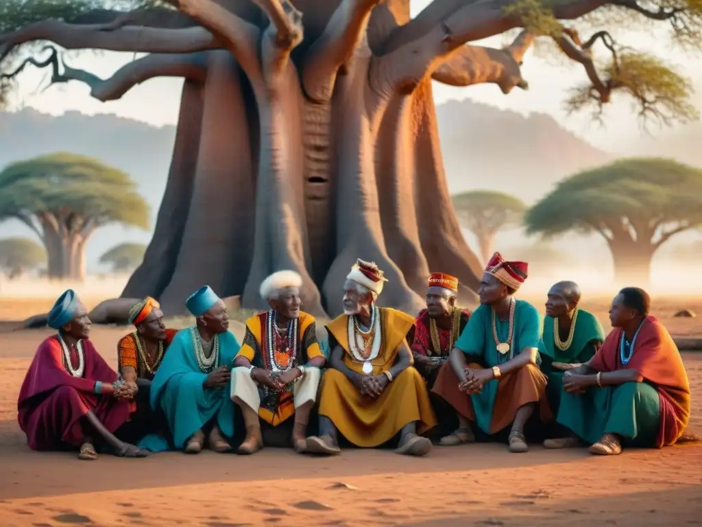 Círculo de ancianos africanos bajo baobab debatiendo sobre el significado del tiempo en sus cosmovisiones