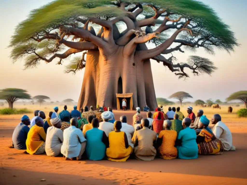 Un círculo de ancianos bajo un baobab en un pueblo africano, discutiendo con miembros de la comunidad, simbolizando la justicia comunitaria en África