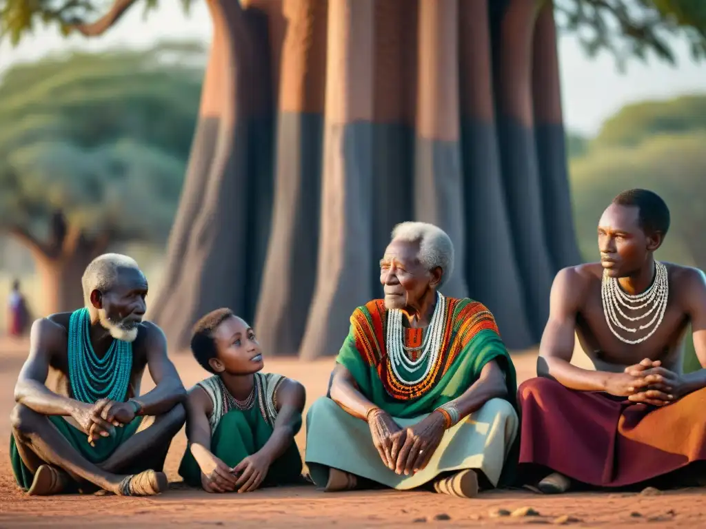 Un círculo de ancianos de una comunidad africana bajo un baobab al atardecer, cautivando con historias de sabiduría ancestral