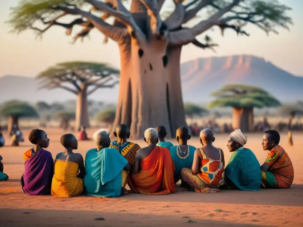 Un círculo de ancianos cuenta cuentos y mitos africanos enseñanzas a niños bajo un baobab al atardecer