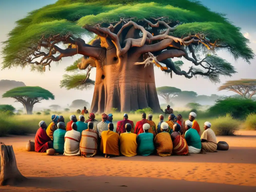 Un círculo de ancianos indígenas africanos bajo un baobab, en animada conversación