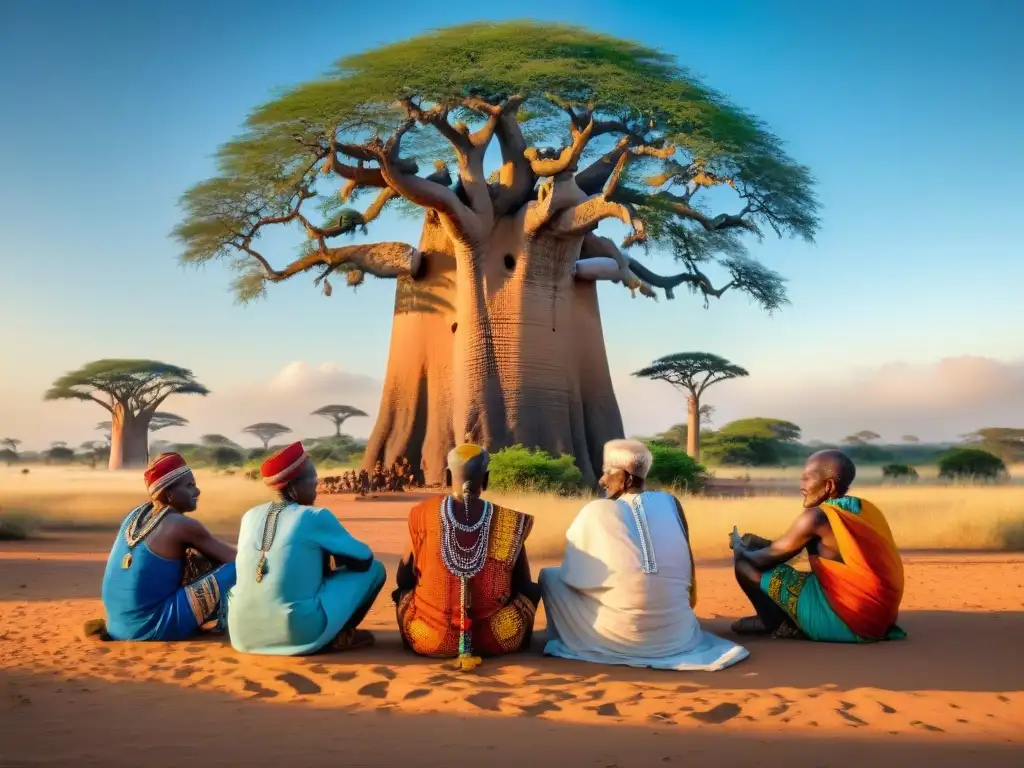 Un círculo de ancianos de diversas tribus africanas, bajo un baobab, hablando y compartiendo sabiduría y herencia cultural