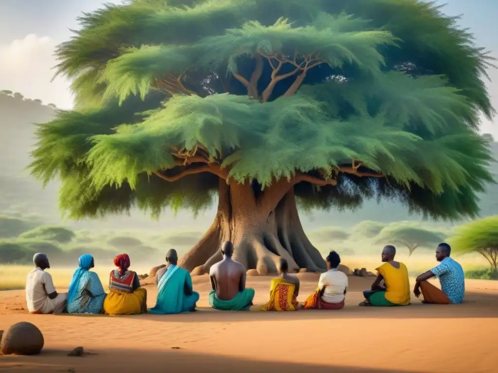 Un círculo de diversidad bajo un árbol en África, debatiendo espiritualidad en resolución conflictos