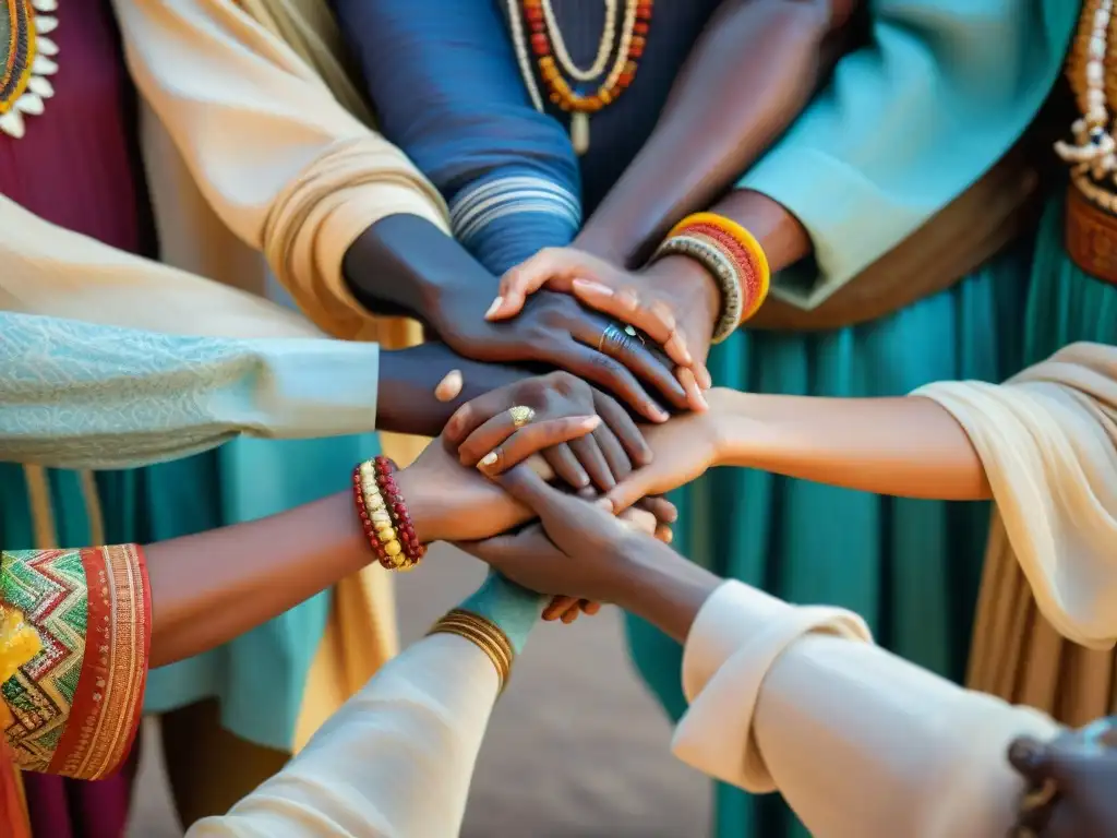 Un círculo de diversidad unida por la esperanza en un patio soleado con Arte africano robado diáspora