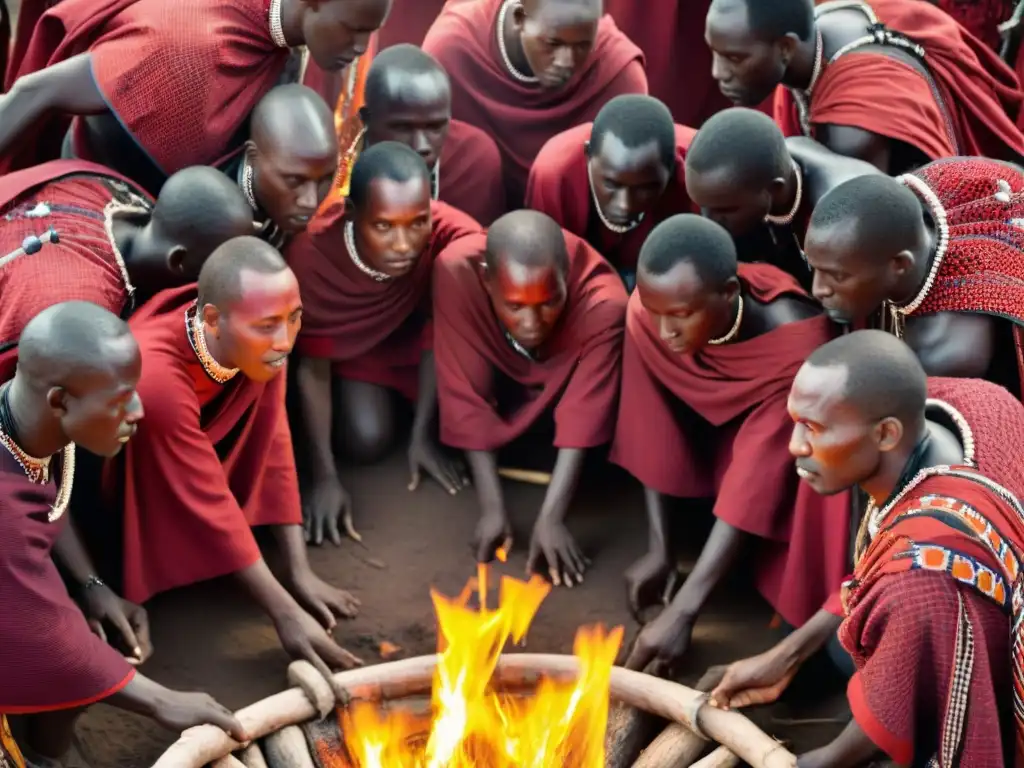 Círculo de guerreros Maasai alrededor de una fogata, vestidos con rojo significativo en rituales africanos