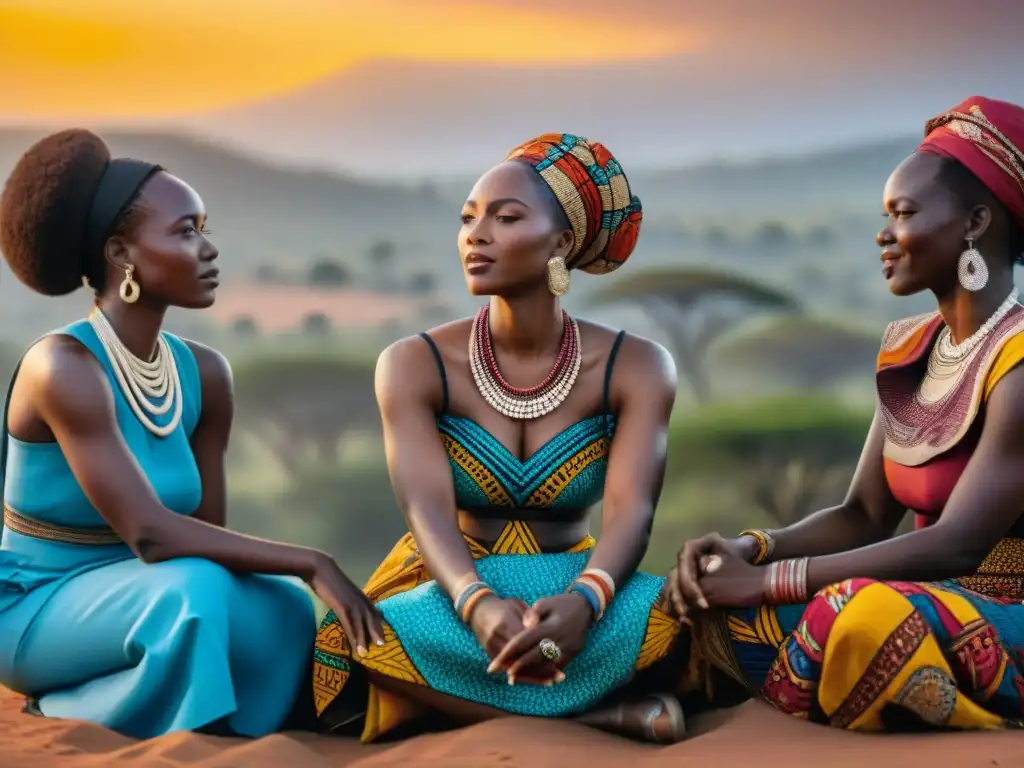 Un círculo de mujeres africanas en atuendos tradicionales, dialogando con determinación y sabiduría bajo un atardecer africano