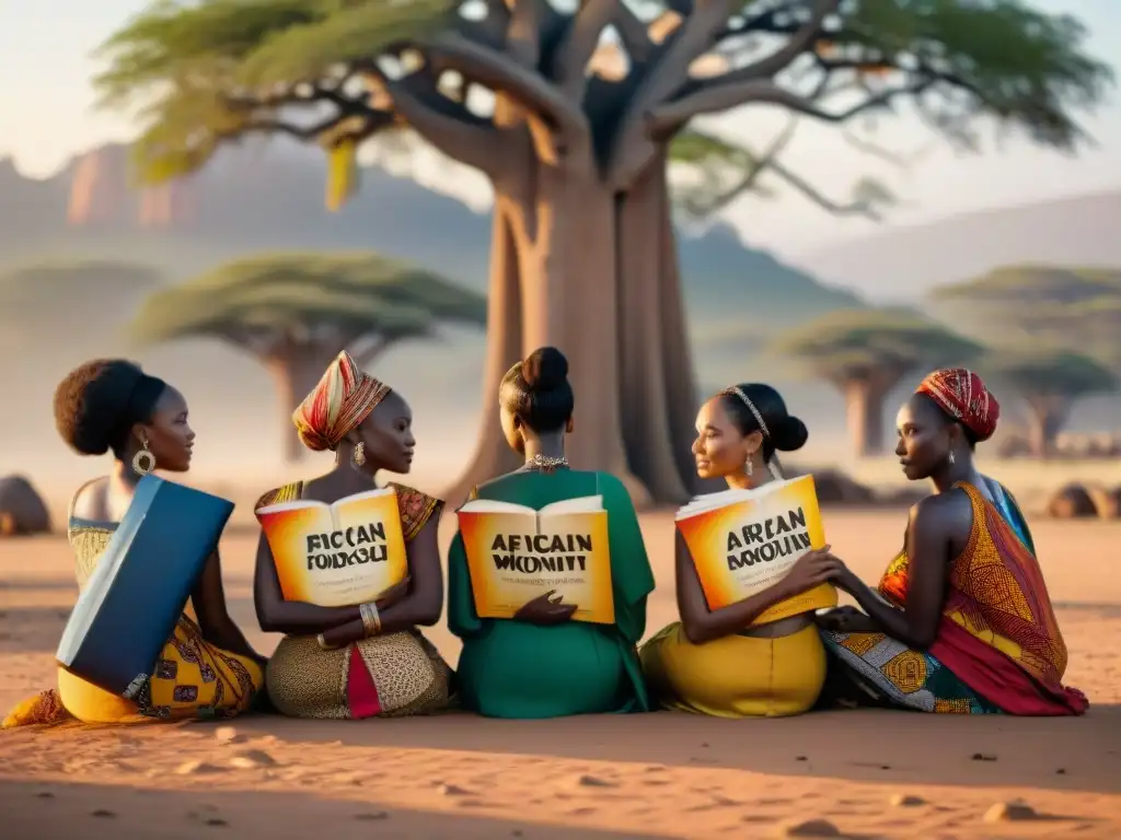 Mujeres africanas: la resistencia a través de la narración Un círculo de mujeres africanas bajo un baobab, compartiendo libros en lenguas africanas, expresando resistencia y unidad en la sabana al atardecer