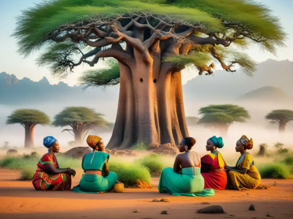 Un círculo de Mujeres africanas liderando, bajo un baobab en aldea rural