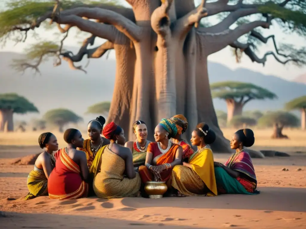 Un círculo de mujeres africanas bajo un baobab compartiendo sabiduría ancestral en maternidad