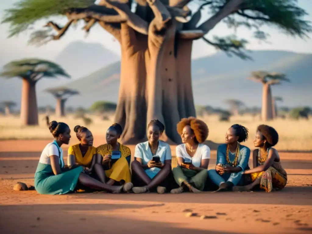 Un círculo de mujeres africanas bajo un baobab, unidas en activismo feminista digital en África