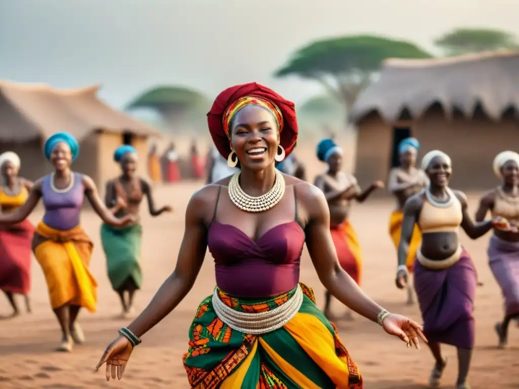 Un círculo de mujeres africanas danzando con fuerza y alegría bajo el sol africano, demostrando empoderamiento femenino