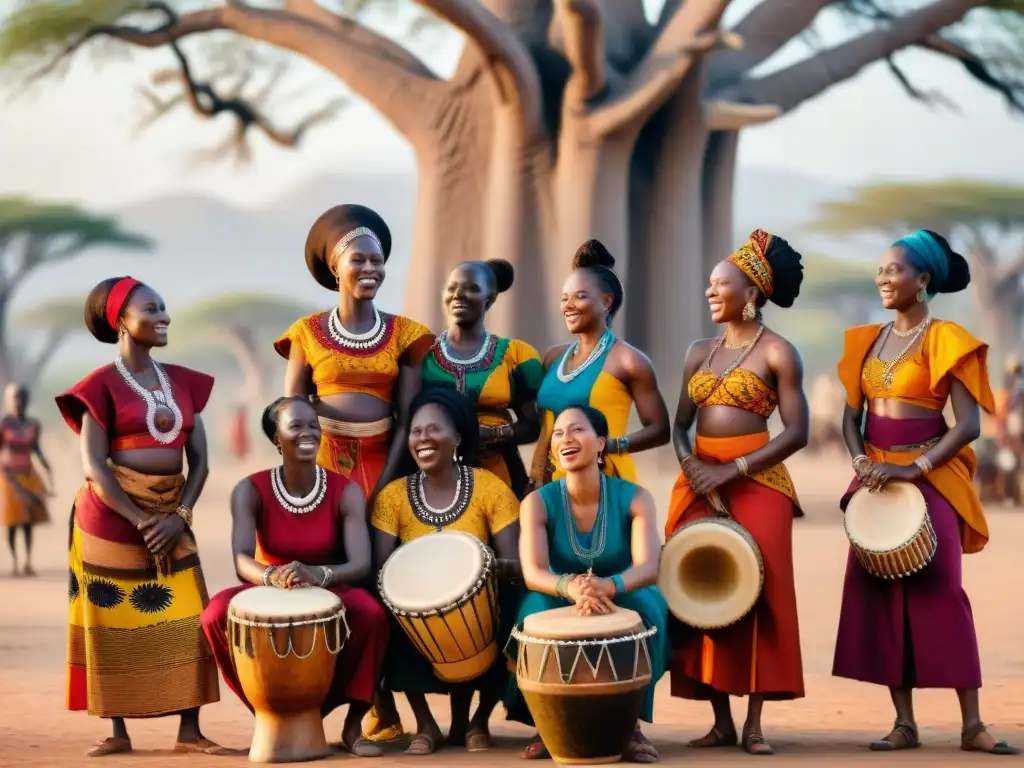 Un círculo de mujeres africanas tocando instrumentos tradicionales bajo un baobab al atardecer