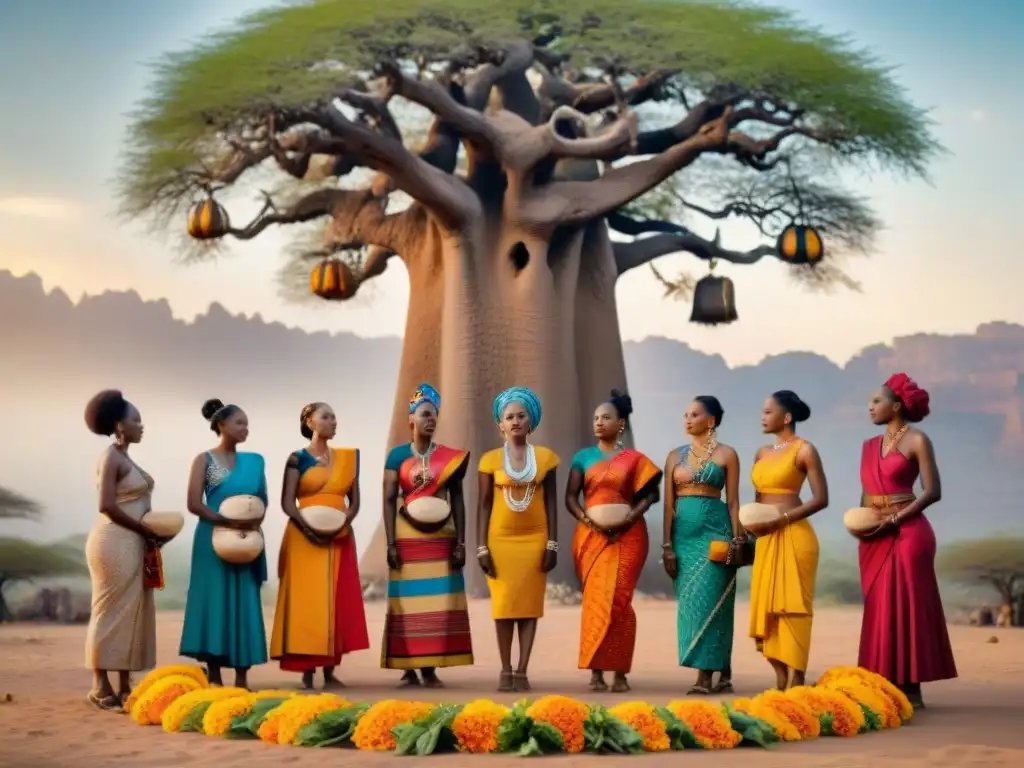 Un círculo de mujeres africanas ejecutando un ritual de fertilidad bajo un baobab, rodeadas de símbolos y pétalos coloridos