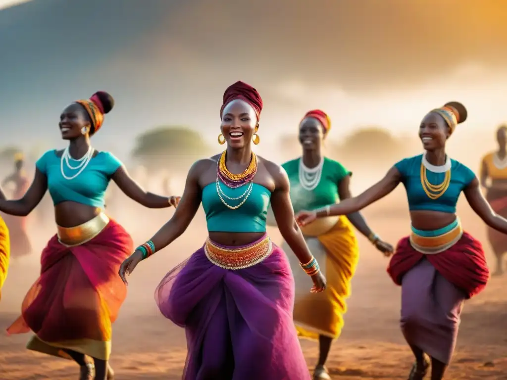 Un círculo de mujeres africanas vestidas con trajes tradicionales vibrantes danzando con gracia bajo el sol dorado de África