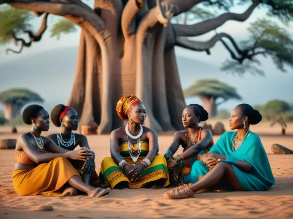 Un círculo de mujeres en África, vistiendo atuendos tradicionales vibrantes bajo un baobab, simbolizando el rol de la mujer en África