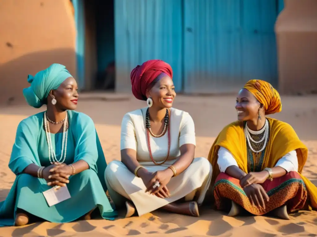 Un círculo de mujeres poderosas en el Sahel, unidas en determinación y sabiduría en un bullicioso mercado bajo el sol dorado