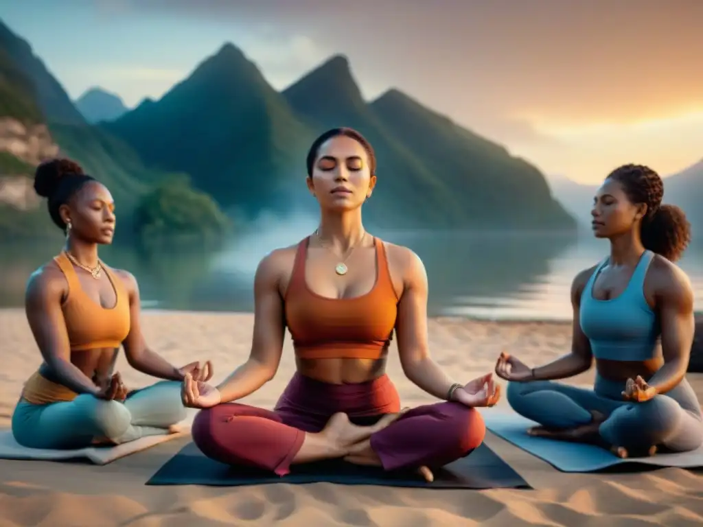 Círculo de mujeres practicando yoga y meditación en la naturaleza, transmitiendo empoderamiento femenino a través de rituales espirituales