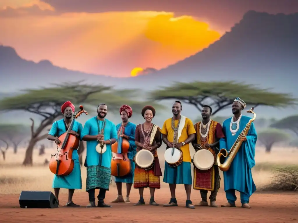 Un círculo de músicos africanos con instrumentos tradicionales bajo un vibrante atardecer africano