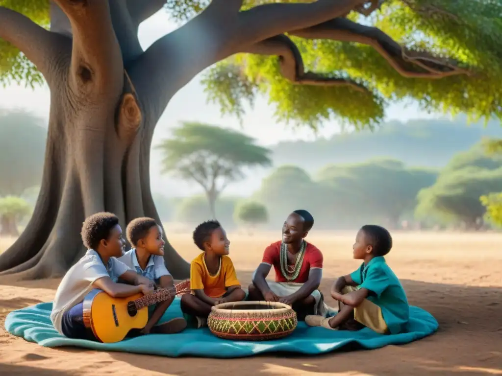 Un círculo de niños africanos diversos bajo un árbol, intercambiando culturas y enseñanzas contra el racismo en África